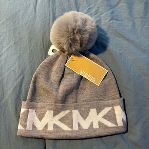 Michael Kors Women Winter Hat with Pom-Pom Gray and White MK Logo one size NWT